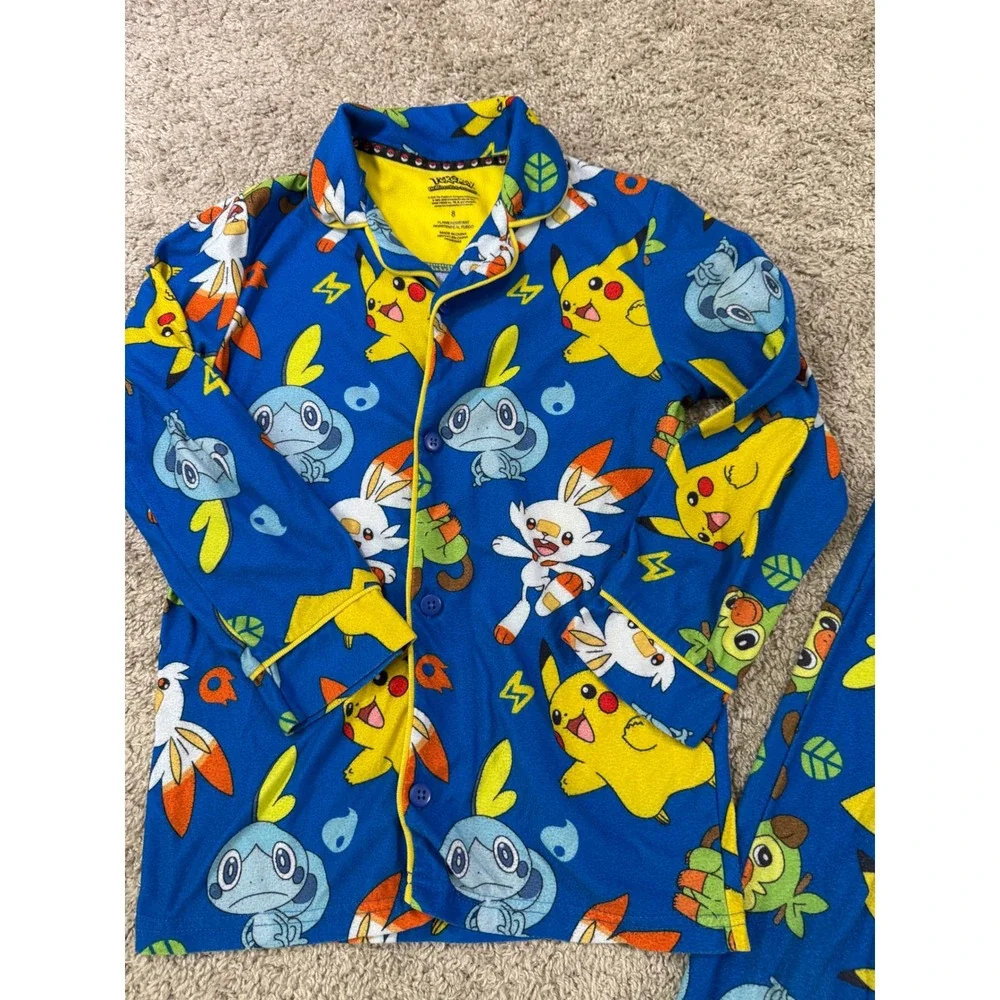 Pokemon Pajama‎ Set Size 8 Blue Pikachu Scorbunny Fleece Button Down Sleepwear